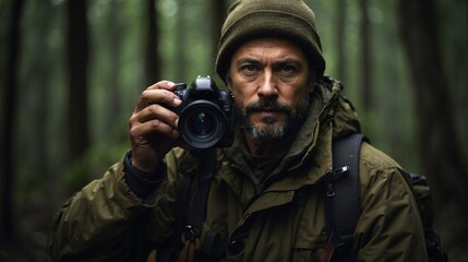 Portrait of wildlife photographer at dark forest 