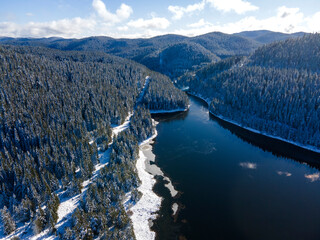 Aerial winter view of Beglika Reservoir, Bulgaria