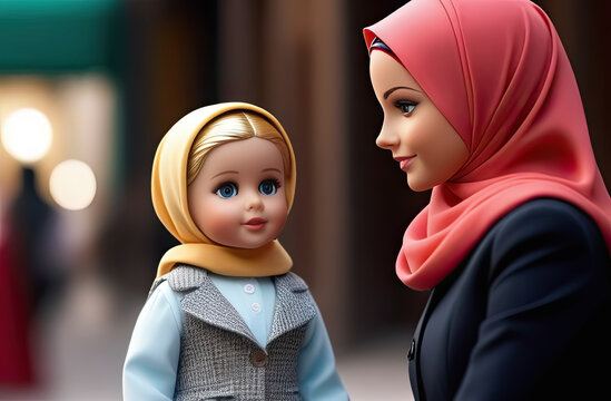 A Muslim woman in a hijab interviews a girl in a headscarf. Journalist. Muslim doll in hijab. Generative AI