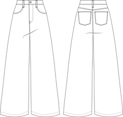 wide leg palazzo sailor high rise mid rise pant trouser template tecnical drawing flat sketch cad mockup fashion woman design style model denim jean
 - obrazy, fototapety, plakaty