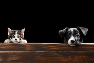 Adorable dog and cat posed together, looking directly at camera with ample space for custom text