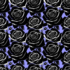 seamless black and white graphic pattern of large rose flowers on a blue background, texture, design