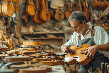 Craftsmen who build or repair stringed instruments such as guitars or violins. - obrazy, fototapety, plakaty