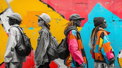 90s Streetwear Friends Collage with Colorful Graffiti Art Background

