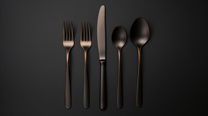 rustic vintage cutlery set, including a knife, spoon, and fork, arranged on a black background, captured from a top view perspective.
