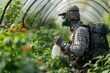 Well-equipped pest control technician monitoring a greenhouse environment and spray with detergent. - obrazy, fototapety, plakaty