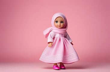 Cute little muslim doll in a pink dress and pink scarf on a pink background. Muslim doll in hijab. Generative AI