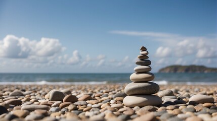 Fototapeta na wymiar Stacked pebble stones at beach 
