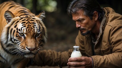 Zookeeper give medicine to illed tiger  - obrazy, fototapety, plakaty