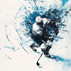 Modern Hockey Art Collage with Icy Blue Burst and Motion Lines

