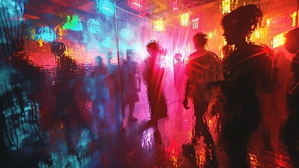 90s Dance Club Collage with Vibrant Lights and Movement Illustrations

