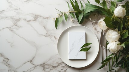 a festive summer wedding scene, focusing on a marble table setting with cutlery for one person, adorned with olive branches, white peony flowers, a ceramic plate, and a silk ribbon.