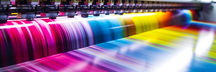 Printing Press in Action with Vibrant Color Ink and High-Speed Industrial Machinery