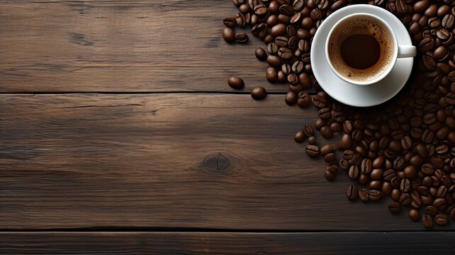 cup of coffee and coffee beans arranged on an old kitchen table, providing a top view perspective with ample copy space for your text.