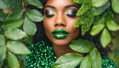 mulher sensual com maquiagem verde cercada por plantas e glitter brilhante verde - obrazy, fototapety, plakaty