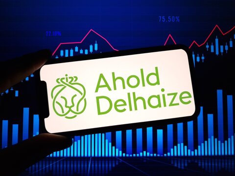 Konskie, Poland - January 23, 2024: Ahold Delhaize company logo displayed on mobile phone