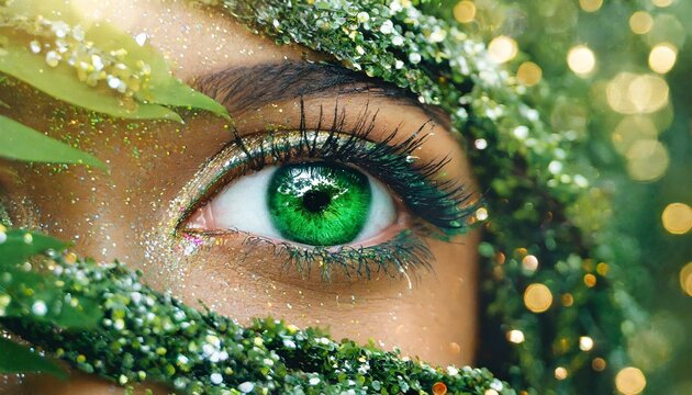 olhar de mulher com maquiagem verde cercada por plantas e glitter brilhante