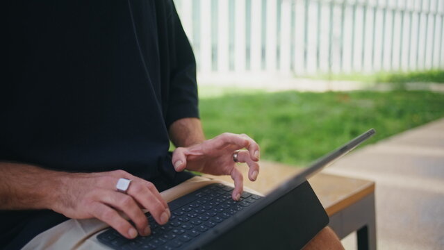 Freelancer hands typing computer closeup. Stylish mature man working digital - Powered by Adobe