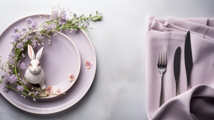 a table setting for one person, a plate with a rabbit on a napkin, accompanied by lavender and...