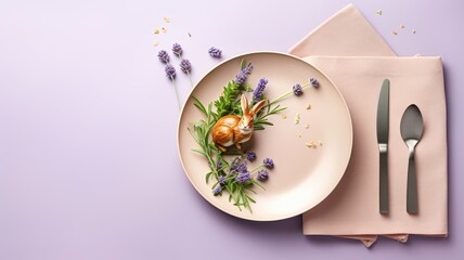 a table setting for one person, a plate with a rabbit on a napkin, accompanied by lavender and Easter eggs on a trendy background, a top view the Happy Easter concept suitable for a cafe setting.