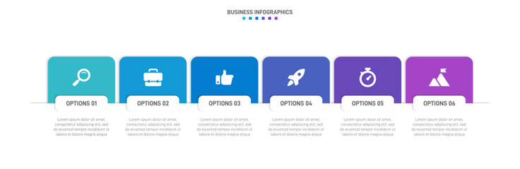 Timeline infographic with infochart. Modern presentation template with 6 spets for business process. Website template on white background for concept modern design. Horizontal layout.