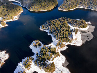 Aerial winter view of Shiroka polyana Reservoir, Bulgaria