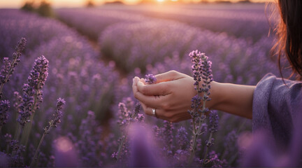 Hand of a woman holding a flower in a lavender plantation in the countryside
 feeling of peace. Meditation and well-being, space for text