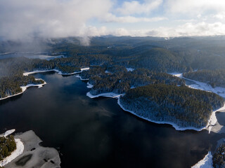 Aerial winter view of Shiroka polyana Reservoir, Bulgaria