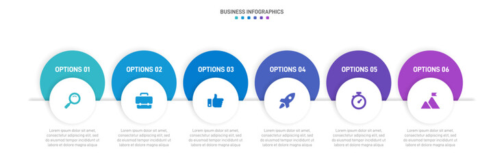 Timeline infographic with infochart. Modern presentation template with 6 spets for business process. Website template on white background for concept modern design. Horizontal layout.