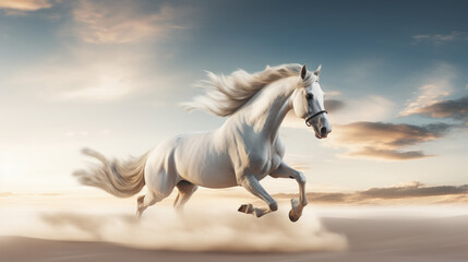 A white horse gallops along a sandy beach, AI Generative.