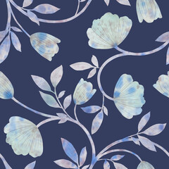 Floral abstract pattern, watercolor ornament on a blue background.