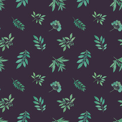 Fototapeta na wymiar watercolor hand painted leaves and branches. seamless pattern on a dark background.