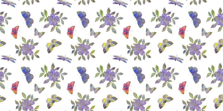 Watercolor flowers and butterflies, seamless botanical pattern on white background for wrapping paper and wallpaper