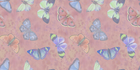 watercolor seamless pattern, delicate butterflies hand drawn illustration on red abstract watercolor background