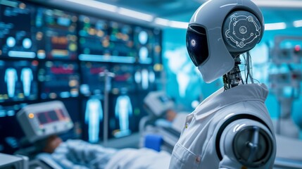 Robot Standing in Front of Monitor