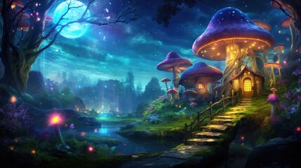 Enchanted forest with luminous mushrooms and fantasy pathway. Magical fairytale scenery.
