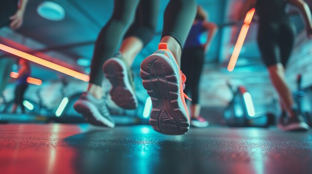 A close-up of a step aerobics class, focusing on the stepper's feet in motion. 