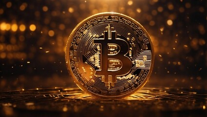 Bitcoin cryptocurrency gold coin on digital graphic background, golden coins, conceptual background, Generative AI