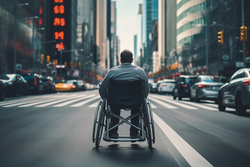 Person in a wheelchair crossing an urban street, symbolizing independence and courage in the face of challenges.