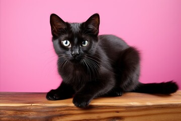 Adorable Black Cat on Vibrant Pink Background, Playful Feline Pet Portrait.