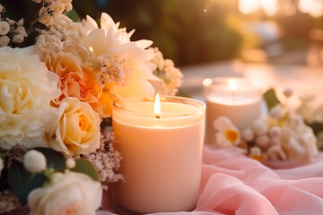 Candles and roses in a warm, romantic floral arrangement for a twilight celebration.