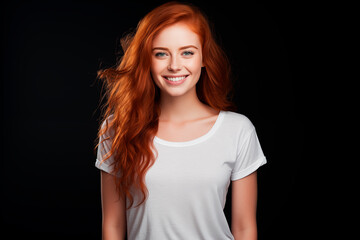 Smiling young redhead wearing a white t-shirt, portrait emphasizing natural beauty and confidence.