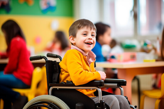 Cheerful child in a wheelchair in an inclusive classroom setting, highlighting integration and happiness.