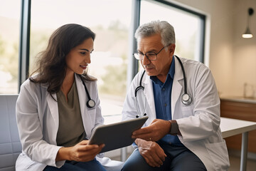 Fototapeta premium Doctor in white coat with stethoscope showing tablet to smiling patient in clinic.
