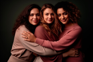 Three friends embrace warmly, their diversity and smiles convey a strong bond of friendship.