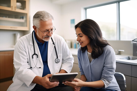 Doctor in white coat with stethoscope showing tablet to smiling patient in clinic.