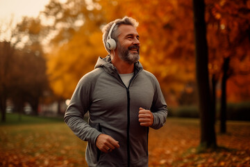 Smiling man jogging in an autumnal park with headphones.