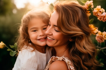 Mother and daughter sharing a tender hug in a garden, radiating happiness.