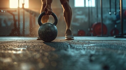 A kettlebell mid-lift, with the athlete's strained muscles and fitness studio scene behind. close-up of a hand gripping a heavy kettlebell set on a gym floor.