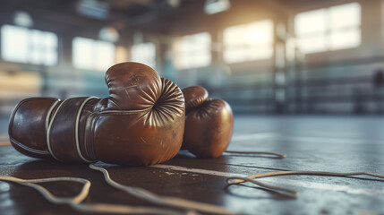 A pair of well-worn, vintage brown leather boxing gloves, next to a jump rope on a gritty gym floor. - obrazy, fototapety, plakaty